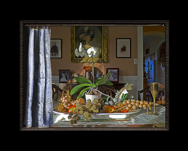 Dining Room Christmas Decor with Orchid, 2017, with Frans van Mieris's Blue Curtain, 2023