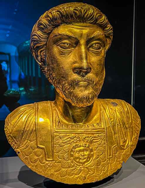Ancient Roman gold bust of Marcus Aurelius 161-180 AD  at the Getty Villa Museum - Pacific Palisades CA