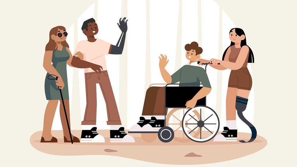 A cartoon of a group of people with various disabilities