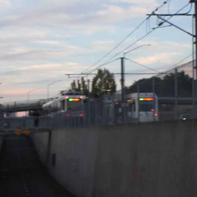 Two trains at twilight