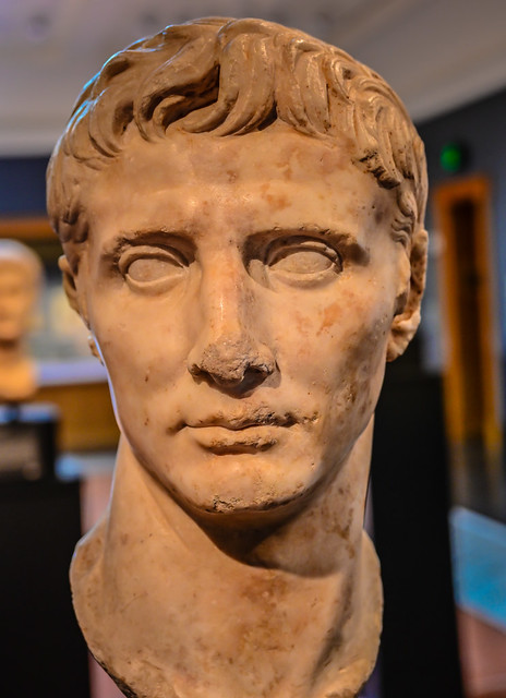 Ancient Roman marble sculpture of the Head of Augustus 25-1 BC at the Getty Villa Museum - Pacific Palisades CA