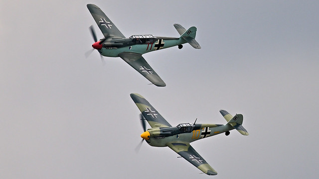 Hispano HA-1112 M4L Buchon G-AWHC Red 11 & Hispano HA-1112 M4L Buchon Yellow 10 G-AWHK Both  in the Livery of the Luftwaffe for the 1968 Film Battle Of Britain