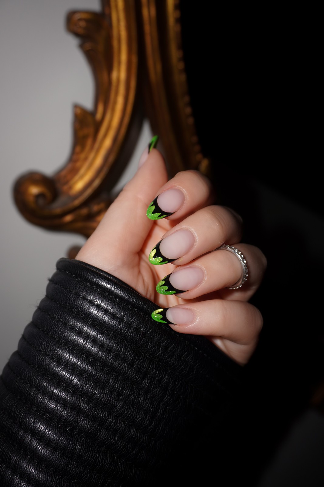 Lime Green Velvet French Tip Nails