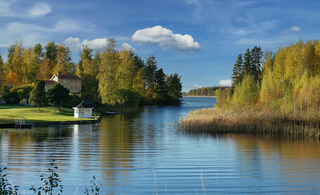 Sjönära boende, höstlöv, höstsol, sjön Tisnaren, Östergötland, 2022-10-11