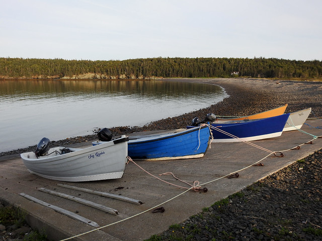 Five skiffs tied up at Whale Cove on Grand Manan Island, New Brunswick