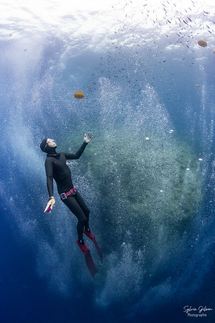 Freediver, jellyfish and bubbles