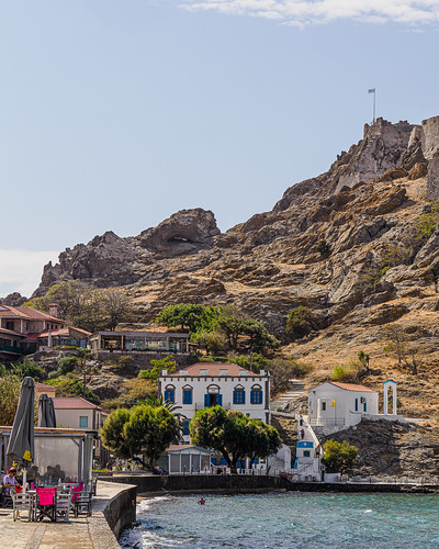 The View Along Romeiko Gialos Seafront Area of Myrina Town on Lemnos with the Castle & Agia Paraskevi Church (OM-1 & 12-100mm F4 Pro Lens)