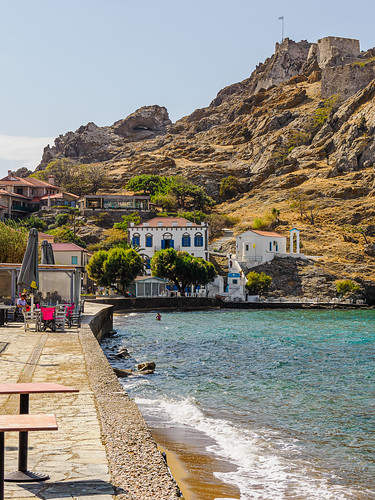 The View Along Romeiko Gialos Seafront Area of Myrina Town on Lemnos with the Castle & Agia Paraskevi Church (Olympus OM-1 & M.Zuiko 12-100mm F4 Pro Lens)