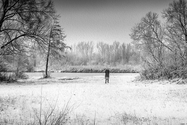 Snowy Serenity: High-Quality Black and White Fine Art Print - Girl Running by a River in Winter Landscape