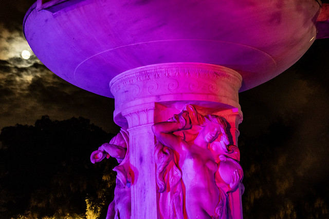 Dupont Circle fountain lit up for DC Art All Night