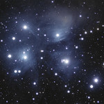 The Seven Sisters The Pleiades (M45) is an open star cluster in the constellation Taurus. This star cluster is located about 444 light years from earth. The cluster is made up mostly of very hot blue stars, and it is passing through a dust cloud, which makes the reflection nebula we see.
This photo was taken with an 80mm refractor with a 0.8x reducer, and a ZWO AS183MC camera and consists of 5hrs of integration time. Taken in Bortle 2 skies. 
This was a real bear to edit, because this telescope doesn&#039;t do well with bright blue stars. Unless you like magenta stars. I was going for more dust around the reflection nebula, but this was what I was able to pull out of the data. It was stacked and edited in Pixinsight. 