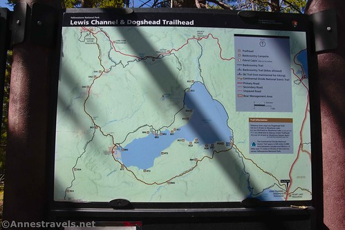Map at the trailhead of the Lewis River Channel Trail and Dogshead Trail, as well as Shoshone Lake and the surrounding area, Yellowstone National Park, Wyoming