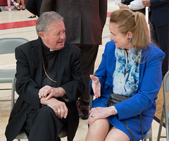 State Rep. Kathleen McCarty speaks with Diocese of Norwich Bishop Michael Cote during a celebration of the Mohegan Tribe’s acquisition of land that includes Saint Bernard School, and concurrent agreement for a long-term lease with the school.

The event was jointly hosted by Saint Bernard School and the Mohegan Tribal Nation in the school’s gymnasium, and featured an acapella performance by the “Tone Commandments.”

This new partnership has resulted in historically significant land returning to the Mohegan Tribe and its members, while also allowing Saint Bernard School to continue fulfilling its mission of providing educational excellence to students.

Saint Bernard School is located at 1593 Norwich-New London Turnpike, Uncasville, CT