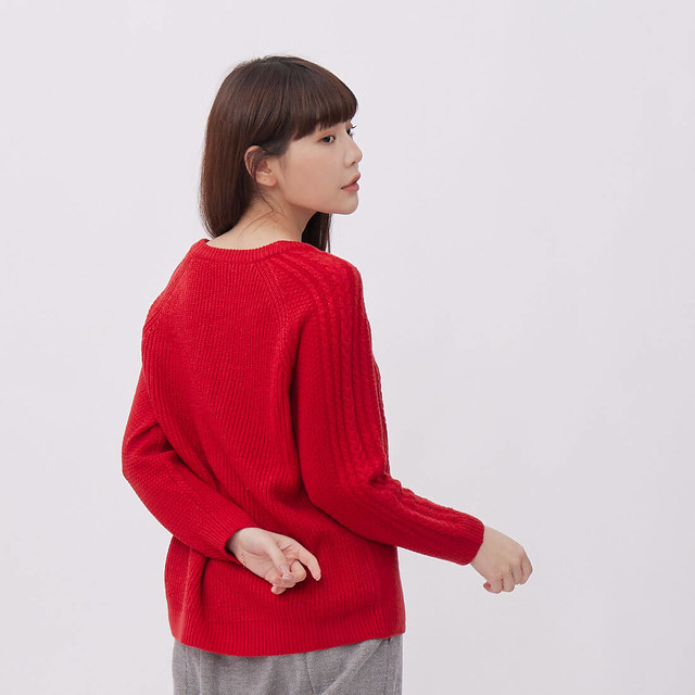 棉．麻 女毛衣/針織衫 紅色 - Argyle菱形紋圓領長袖針織衫/紅
