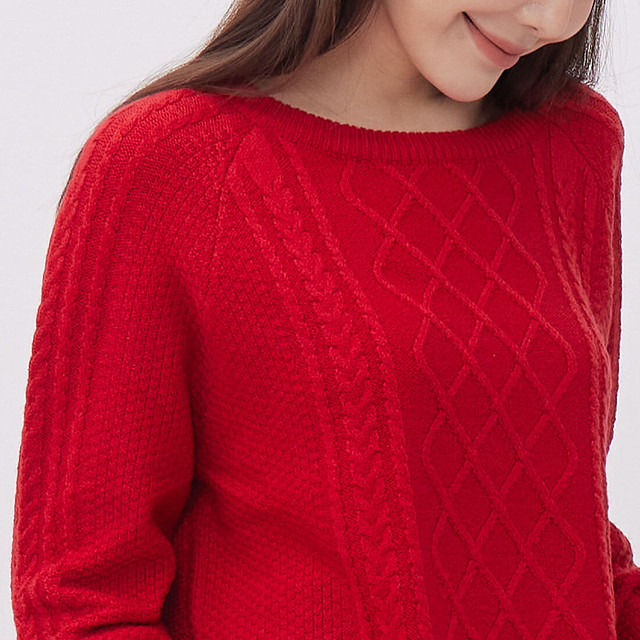 棉．麻 女毛衣/針織衫 紅色 - Argyle菱形紋圓領長袖針織衫/紅