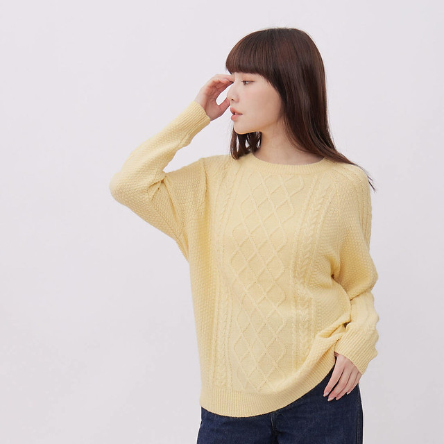 棉．麻 女毛衣/針織衫 黃色 - Argyle菱形紋圓領長袖針織衫/檸檬黃