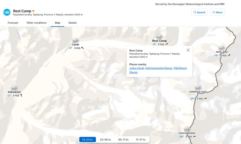 Yr.no Weather Forecast Map for the route to Kanchenjunga Base Camp (North)