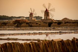 Windmills in Marsala; Sicily, Italy