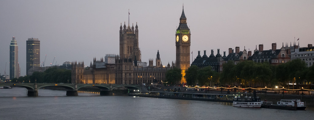 Palace of Westminster, Westminster Bridge, Elizabeth Tower, and the Victoria Embankment After Sunset