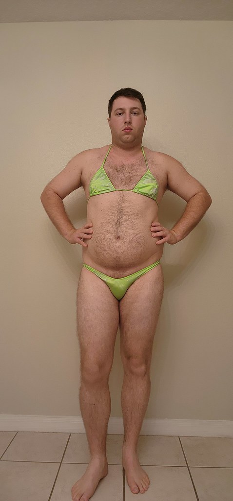 New bikini in bright green. Probably the sexiest one sissy Lucy owns and it certainly makes her hard to miss