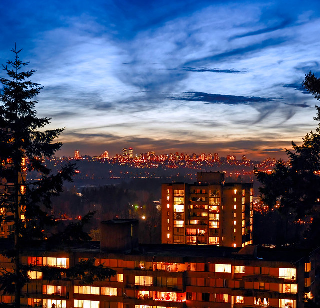 Big city night landscape after sunset in Vancouver, Canada