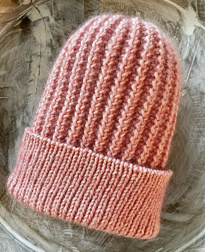 Sonia (Soniabknits) found a skein of yarn and a matching mohair in her stash so she cast on and knit this Just a Hat by Halyna Shemchuk.