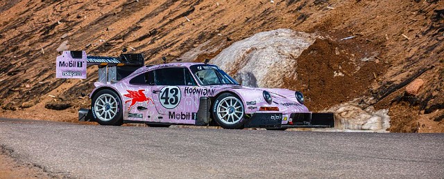 Lia Block, #43, Porsche 911, Hoonipigasus. PPIHC, 2023.  Lia Makes a Tribute Run Up Pikes Peak in her Dad's Car, Ken Block.  it was an emotional Run For Everyone To See That Car Come By.