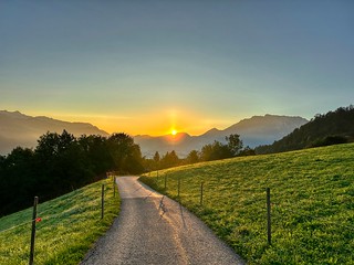 Sunrise over the river Inn valley seen from Hocheck mountain near Oberaudorf in Bavaria, Germany
