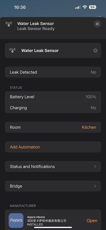 Apple Home App - Aqara Water Leak Sensor
