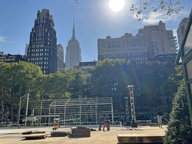 Picture Of Bryant Park In New York City Where The Sod Has Been Removed And The Ground Is Being Transformed  For The Opening Of The Citi Pond Ice Skating Rink Due To Open Friday October 27, 2023 For The 2023/2024 Season. Photo Taken Thursday  101223
