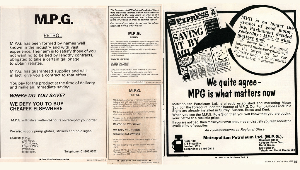 MPG (Metropolitan Petroleum) adverts from Service Station magazine, 1977–8