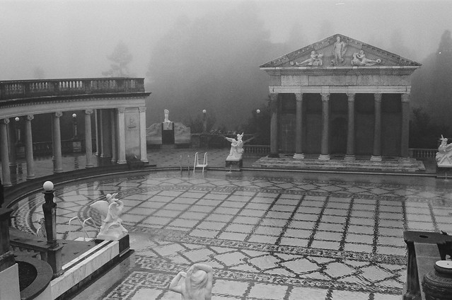 the greek-style swimming pool at hearst castle in the fog