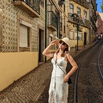 Steep streets in Alfama in Lisbon, Portugal 