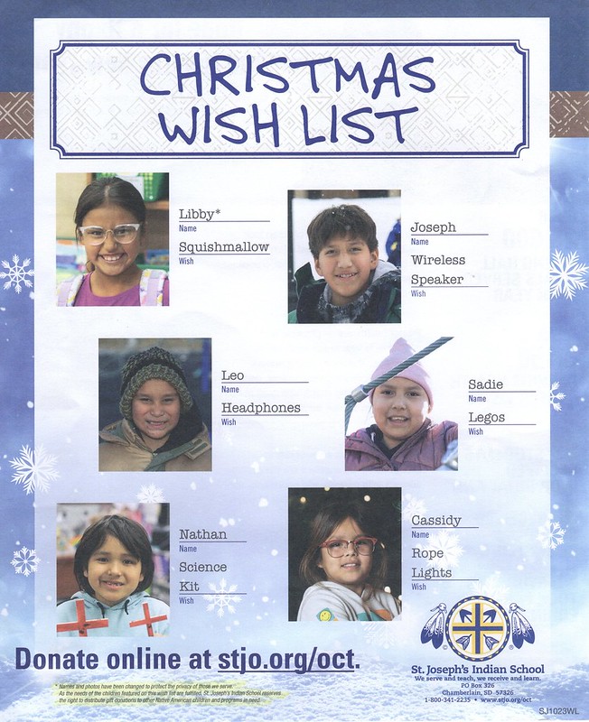 St. Joseph's Indian School Winter Campaign October 2023, Wish list front