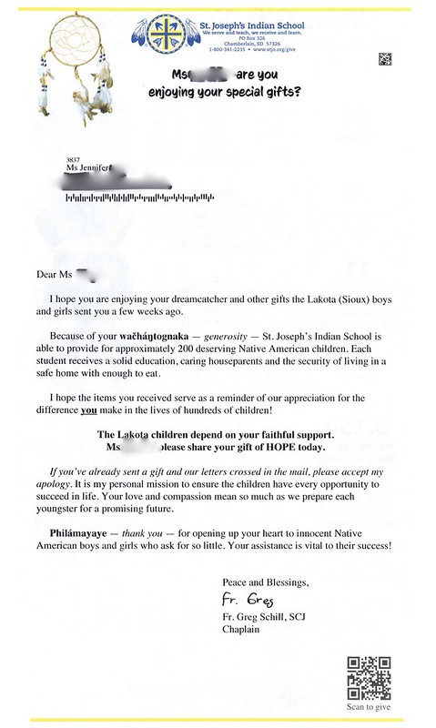St. Joseph's Indian School Winter Campaign Follow Up October 2023, Letter front