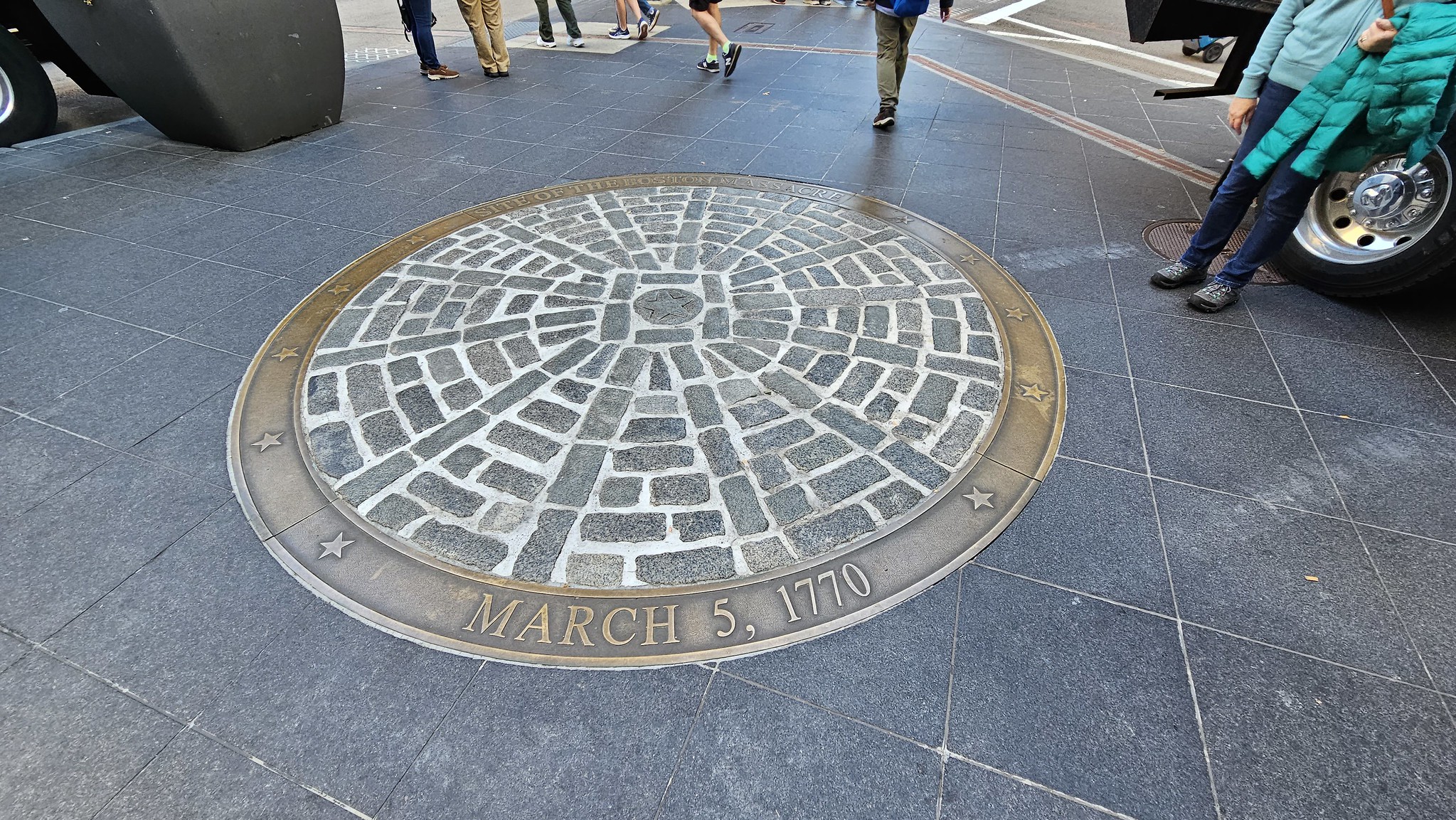 The round disc apparently signifies the site of the Boston massacre