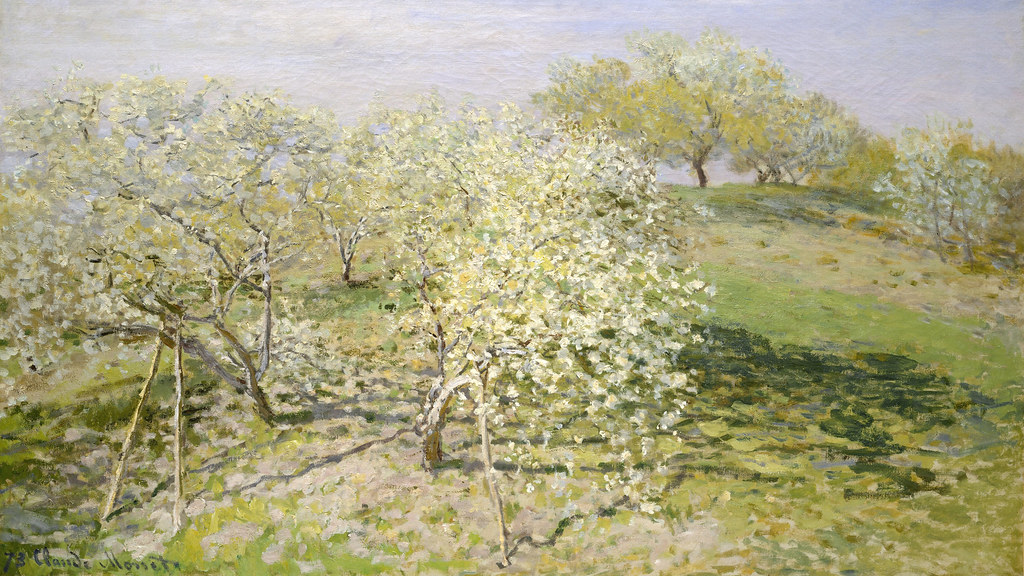 Spring (Fruit Trees in Bloom) (1873) by Claude Monet, high resolution famous painting. Original from The MET. Digitally enhanced by rawpixel.