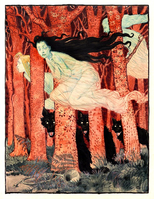 GRASSET, Eugène. 'Three Women and Three Wolves' [Drei Frauen und drei Wölfe], 1892.