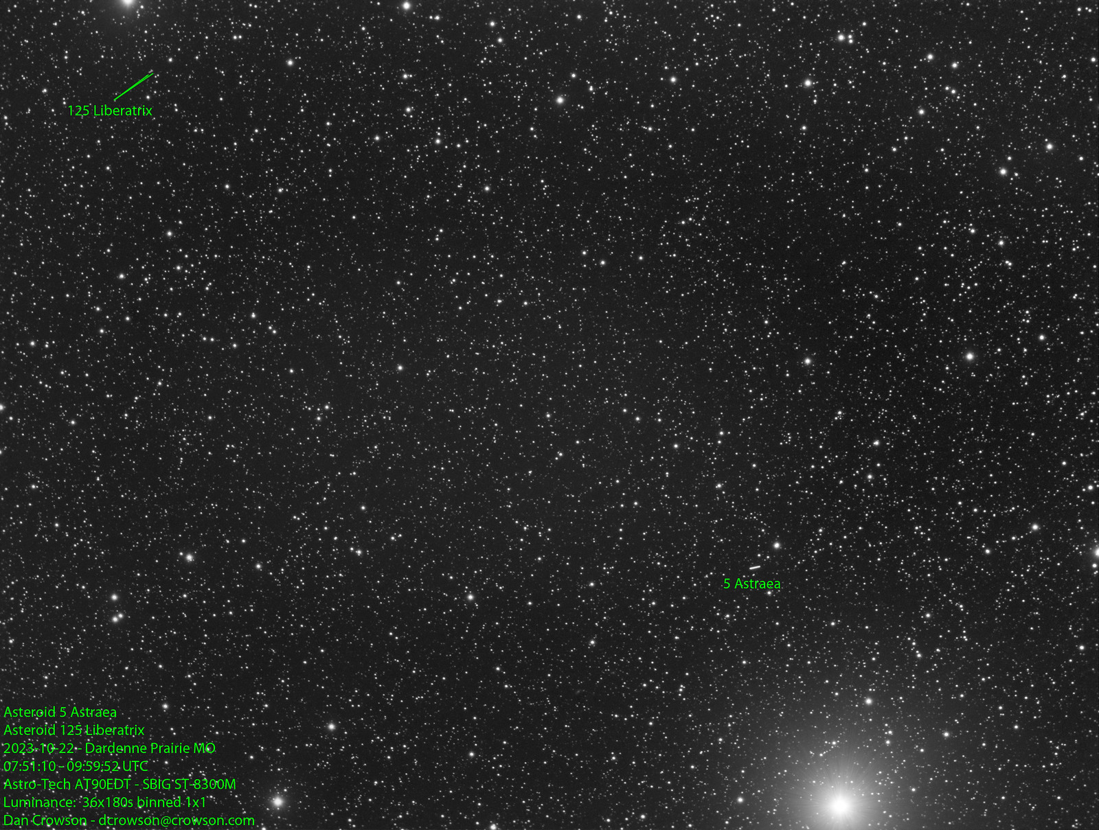 Asteroid 5 Astraea - 36x180s - 2023-10-22