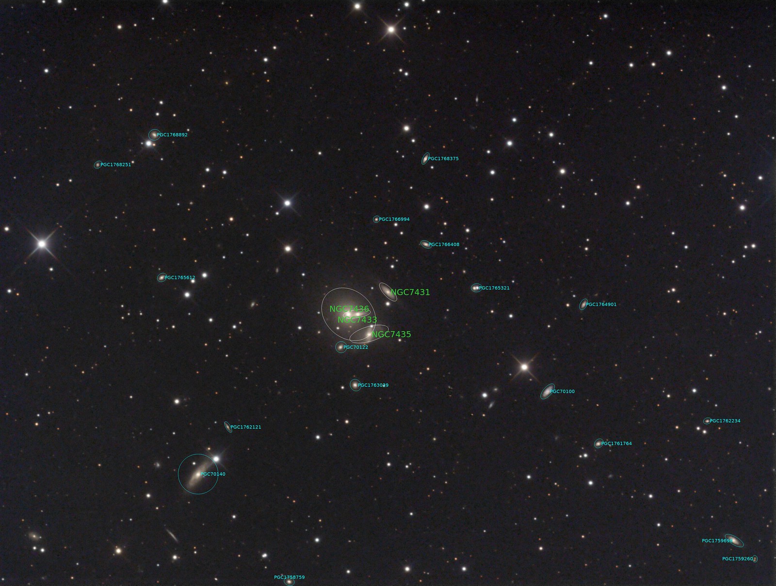 NGC 7436 - LRGB - Annotated