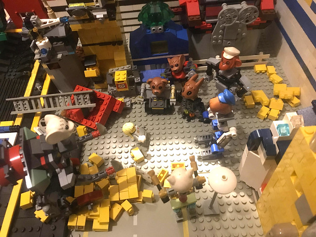 LEGO Classic Space: a bashed-up Miss Gray walks past the old abandoned Tesla-factory towards home when she gets intercepted by one of the nastiest cyborg gangs in the under-city known as the Guinea-borg Gutter-bashers ( Fabuland-cyborgs AFOL Vignette)
