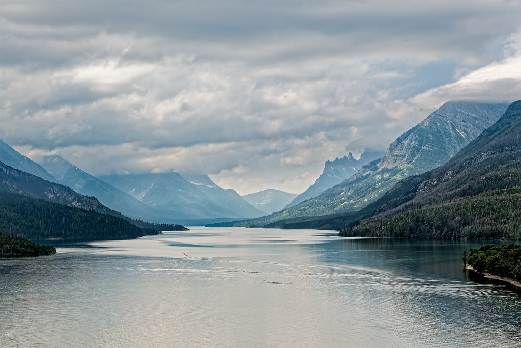 A View Down Waterton Lakes and Into the United States with Glacier National Park