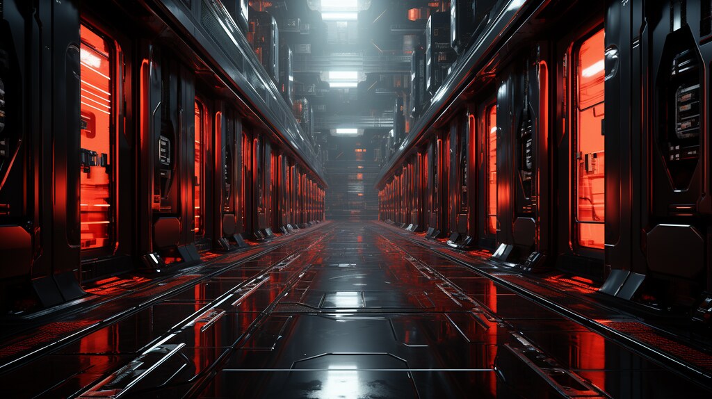 A cinematic view of cyberspace far in the future, sci-fi,red and black , unreal 5.2 --ar 16:9 --s 750