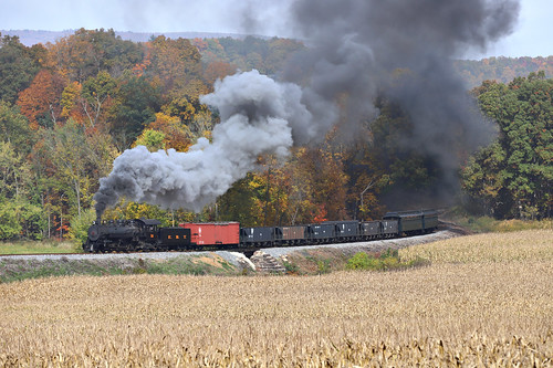 East Broad Top Charter Mikado No. 16 leads a mixed train on the long fill north of Orbisonia.