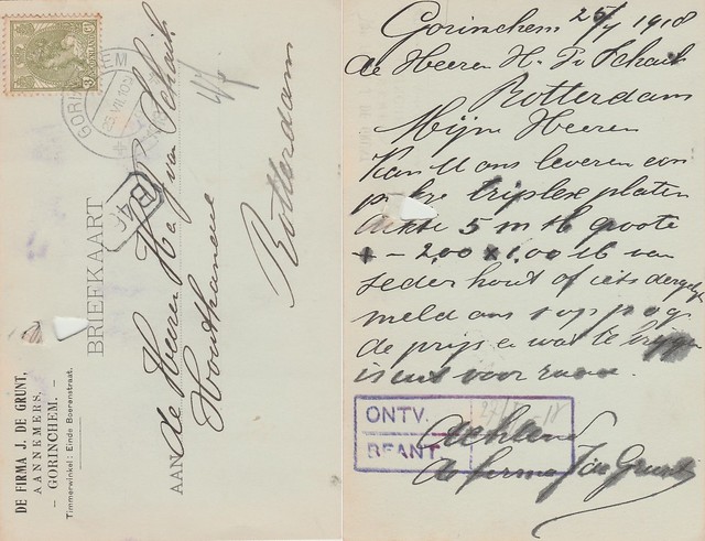Briefkaart - Firma J. de Grunt, Aannemers, einde Boerenstraat (poststempel 1918) bestelling triplex platen Rotterdam