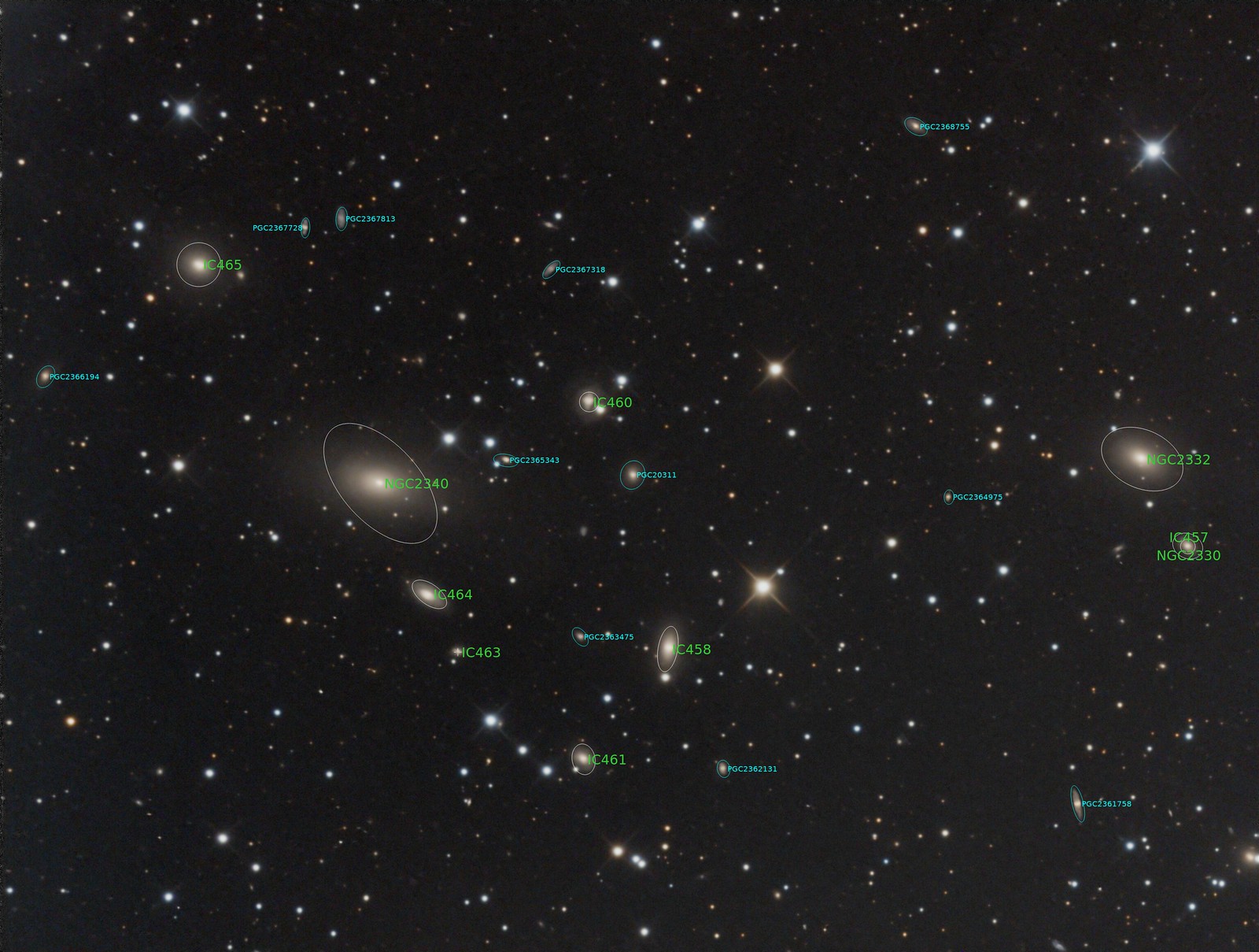 NGC 2332 + 2340 - LRGB - Annotated
