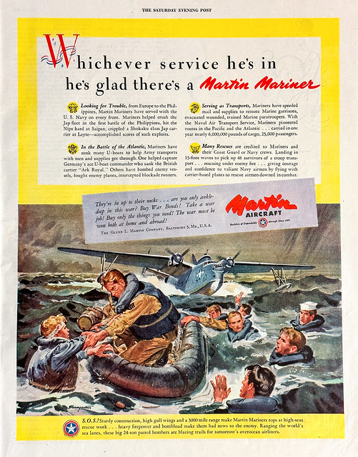Ad for U.S. Navy’s Martin Mariner in “The Saturday Evening Post,” April 21, 1945.  Art by Baumgartner.