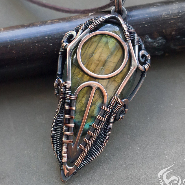 Copper wire wrap pendant with stone for man
