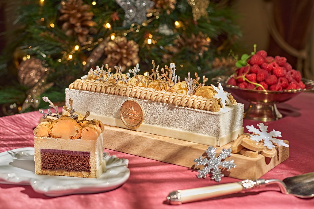 Snowy Splendour Log Cake (Dulcey Chocolate Mousse, Raspberry Confit, Chocolate Fudge on Macadamia-White Chocolate Base)