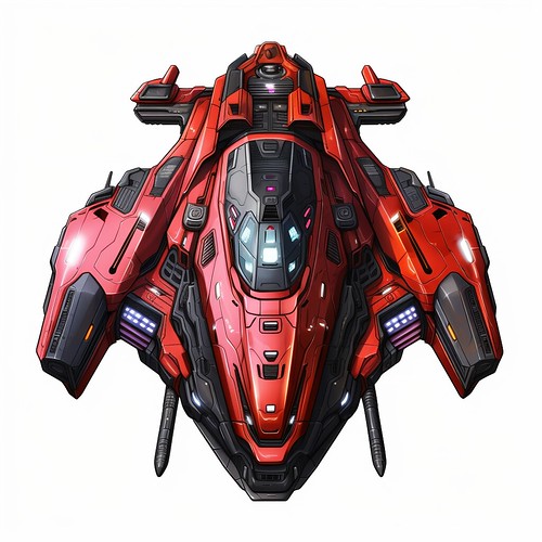 A battle space ship that has red and black colors, assets view from top for an arcade game, filled with missiles